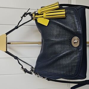 Coach 2012 Romy Top Handle Bag Navy And Chartreuse Perforated